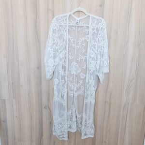 Womens Lace Sheer Kimono Duster Cardigan S/M Cream Floral Festival Boho Cottage